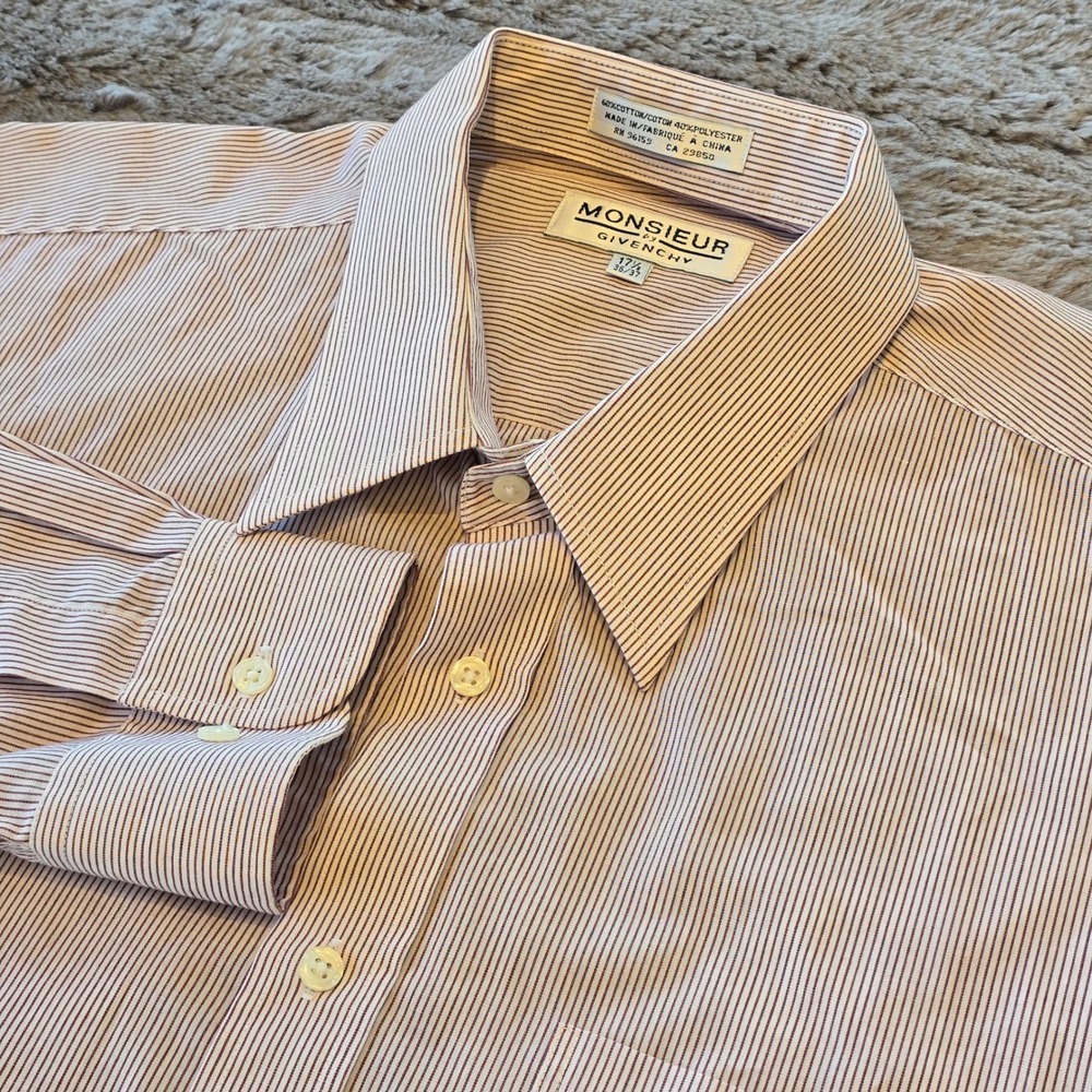 Monsieur by Givenchy Mens Dress Shirt 17.5 36/37 Burgundy White Pinstripe Cotton